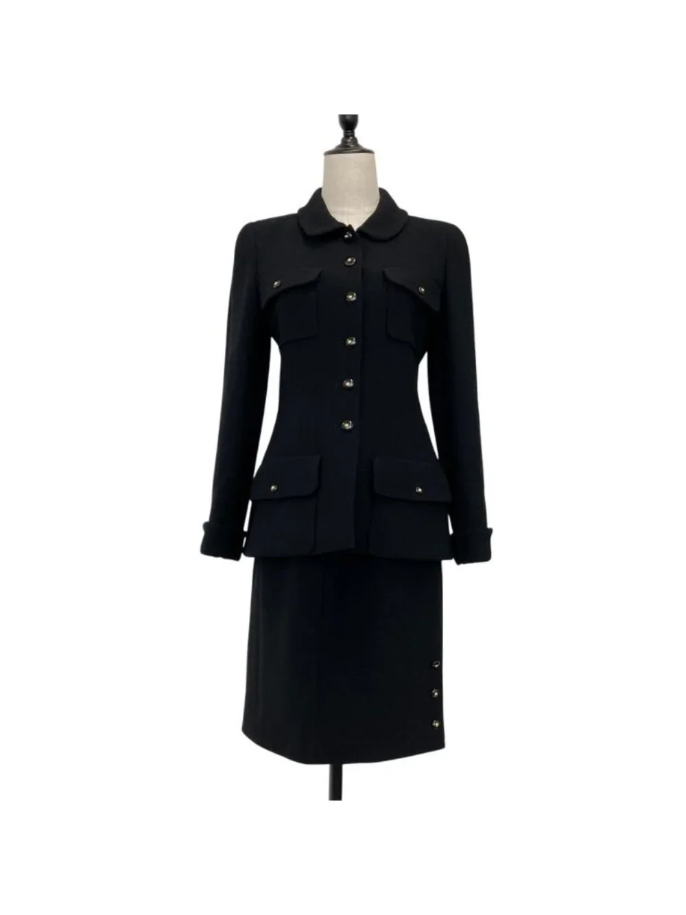 Chanel Vintage CC Logo Button Tweed Jacket Skirt Set 38 Black